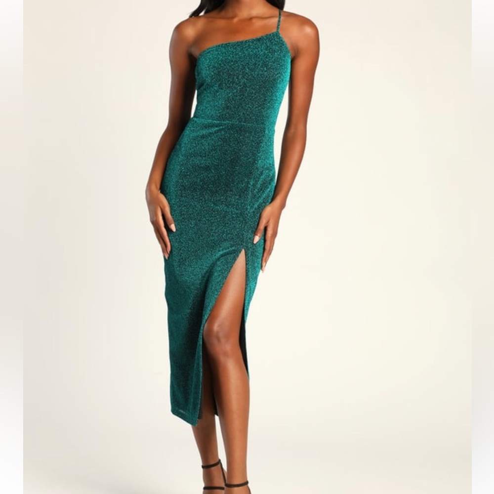 Lulus Stole the Spotlight Teal Sparkly One-Shoulder Midi Dress